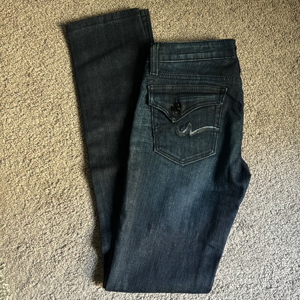 NEW Anoname Paris Skinny Dark Wash Jeans Sequin Logo Back Flap Pocket 25